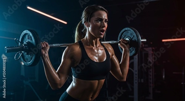 Fototapeta A focused, sweaty woman performs a barbell squat in a dark gym.