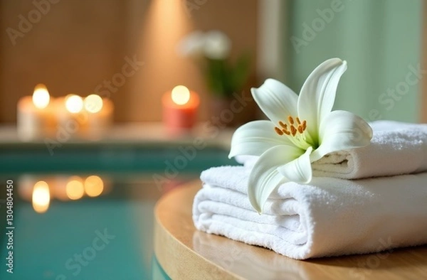 Obraz White lilia flower on white towel on spa center background