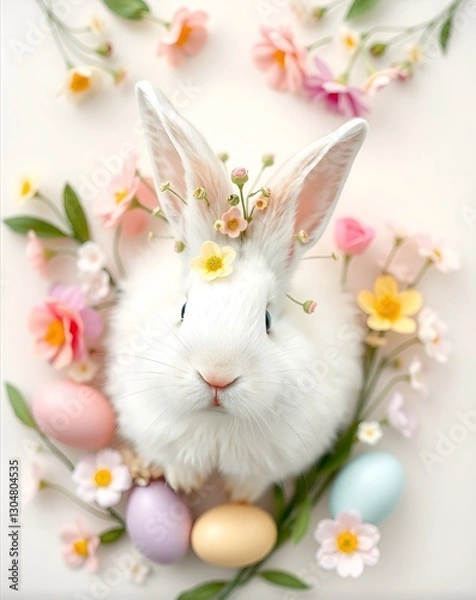 Fototapeta Charming Easter Bunny with Floral Crown and Pastel Eggs