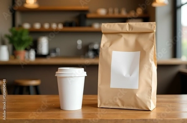 Obraz Coffee in a takeaway cup and a snack in a paper mockup bag