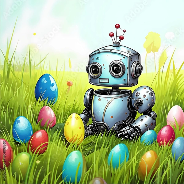 Fototapeta Little robot found basket with easter eggs in grass cartoon image