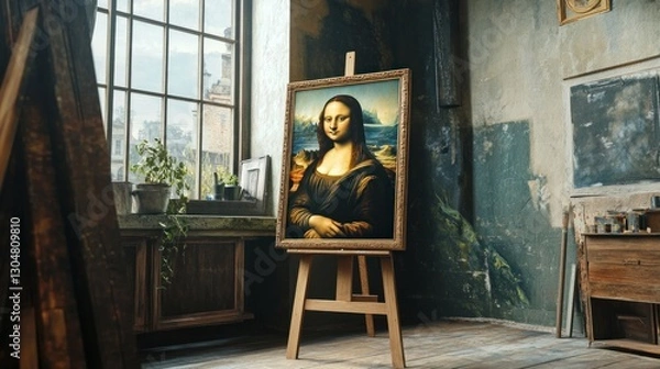Fototapeta Mona Lisa painting on easel in an old studio.