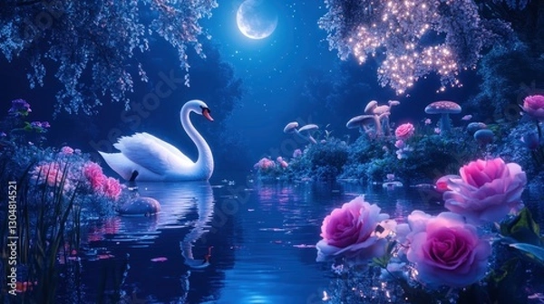 Obraz A majestic swan glides on a serene, moonlit pond amidst magical, glowing flowers and mushrooms in a fairy-tale forest.