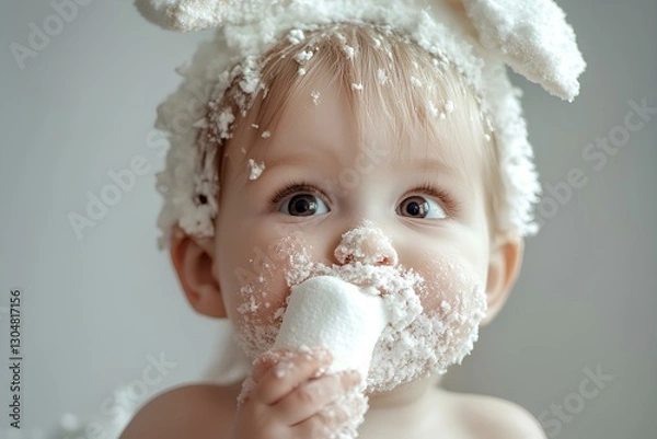 Fototapeta toddler eating a marshmallow bunny,  their face smeared with a little frosting 