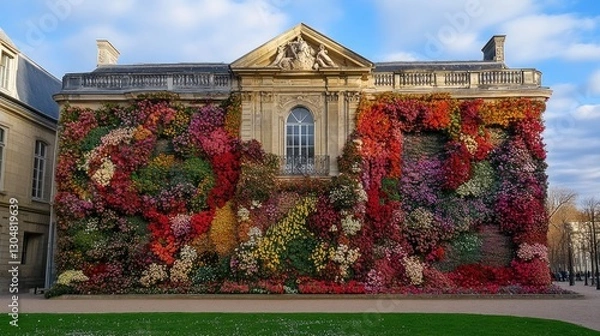 Obraz Colorful floral display adorns a historic building facade.