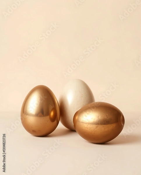 Obraz A minimalist three metallic golden Easter eggs on pastel beige background. Cast bronze surface, natural earth tones, browns, beiges, muted colors, antique patina 