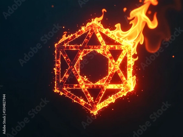 Fototapeta outline of geometric figure in fire. close-up on black background, letters and signs in flames.