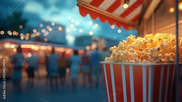 Fototapeta Nostalgic popcorn stand brings classic cinema experience to life with vibrant colors and lights during evening hours in a bustling outdoor setting