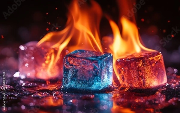 Obraz Ice cubes burning with intense fire, red and orange flames engulfing the ice, one blue cube, dramatic contrast of opposite elements, visual conceptual art