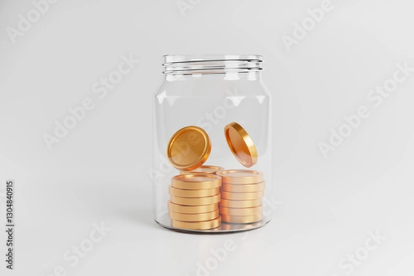 Fototapeta Pile of gold coins in glass bottle money saving concept, 3d rendering