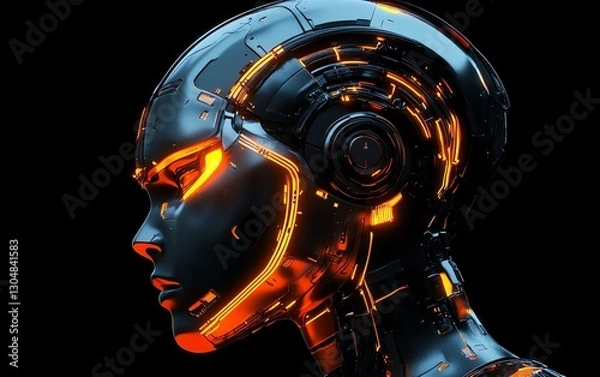 Fototapeta Futuristic robot head profile with glowing circuits, cybernetic intelligence, advanced tech design, abstract concept, digital art representing innovation and AI