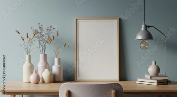 Fototapeta A modern desk setup against a muted blue accent wall with a blank wooden framed picture leaning against it