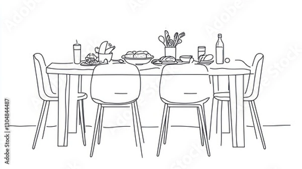 Fototapeta Simple line drawing of a dining table with chairs and food. Possible use Stock photo for restaurant design, interior design, or illustration
