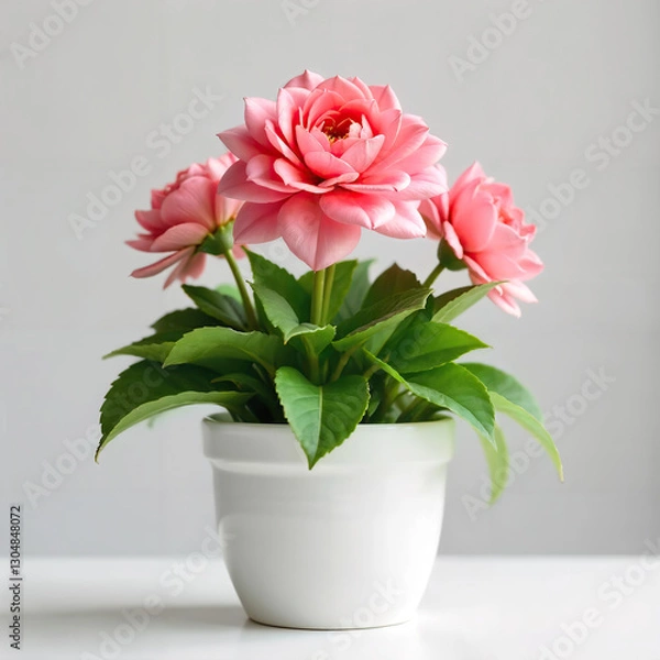 Obraz A pink flower in a white pot with green leaves, sitting on a white surface, against a plain light gray background, soft lighting, close-up shot