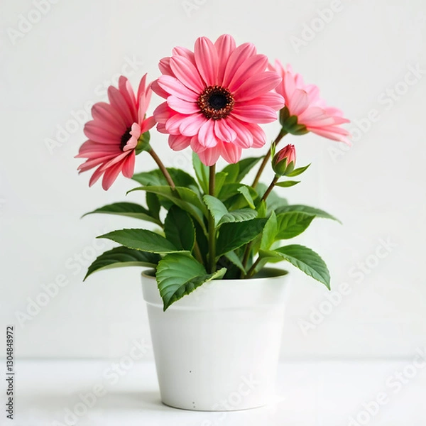 Obraz A pink Gerbera flower in a white pot with green leaves, sitting on a white surface, against a plain light gray background, soft lighting, close-up shot