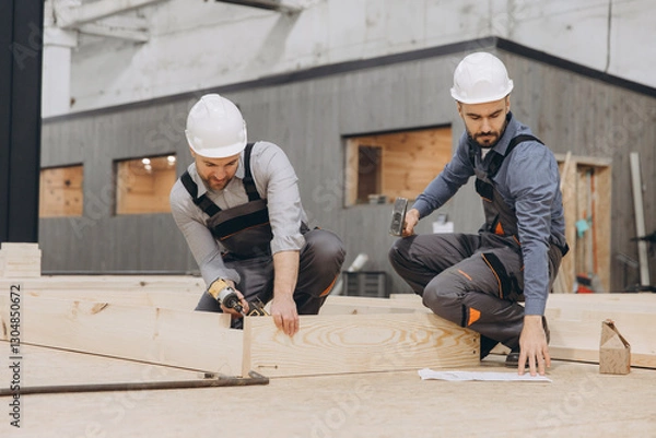 Obraz Construction workers assembling modular building components in factory