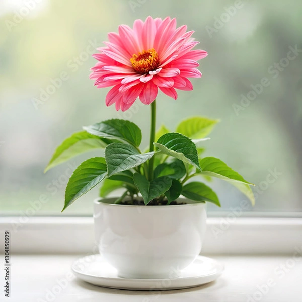 Obraz A pink Gerbera flower in a white pot with green leaves, sitting on a white surface, against a plain light gray background, soft lighting, close-up shot
