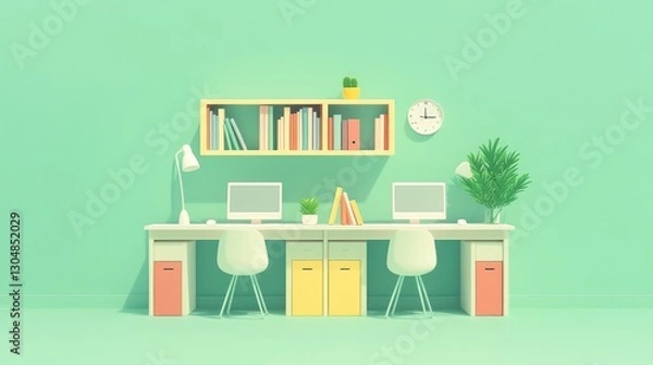 Fototapeta Modern Minimalist Workspace, Pastel Office Scene, Home Office, 3D Illustration,  Background Bookshelves
