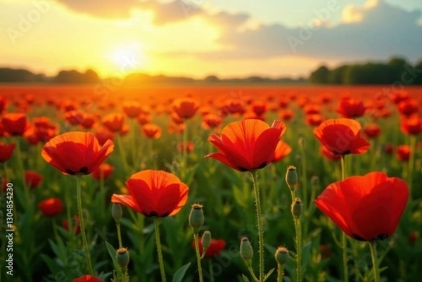 Fototapeta Golden hour light bathes vibrant poppy field with glistening dew, golden hour, flora, image