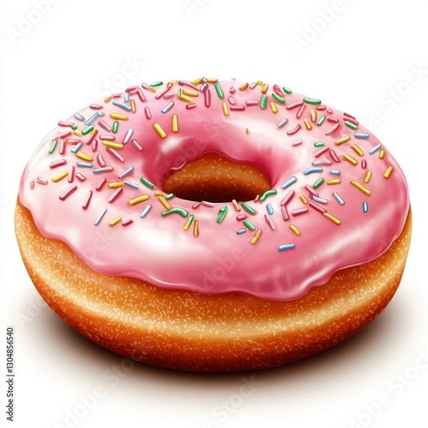 Fototapeta Delicious pink frosted donut with colorful sprinkles on a white background tempting sweet treat close up view perfect for bakery shop