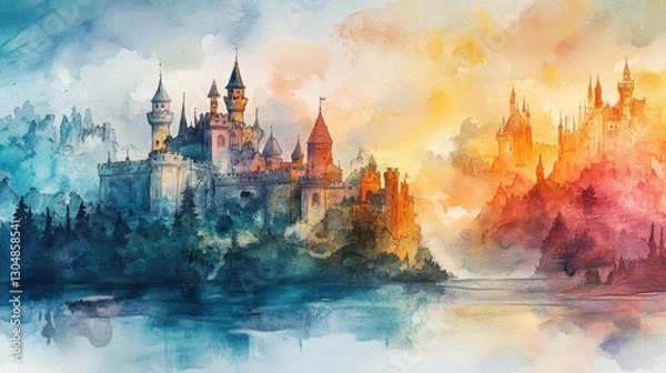Fototapeta captivating watercolor painting of majestic castle landscape, showcasing vibrant colors and dreamy scenery