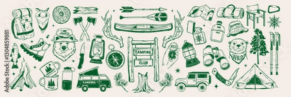 Fototapeta Camping doodle icon set, forest adventure hand drawn vector line sticker, woodland hiking objects. Cute bear outer logotype, outdoor activity adventure badge print, campfire, backpack. Camping doodle