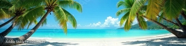 Fototapeta Sun-drenched beach, swaying palm trees, turquoise water, ocean, leaves, vacation