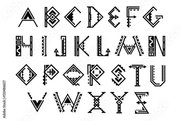 Fototapeta Ethnic font. Native american indian alphabet vector set
