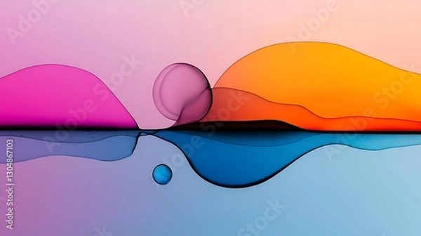 Fototapeta Fluid vibrant liquid abstract shapes, gradients, droplets, and a translucent sphere on colorful surface