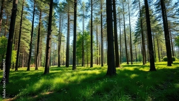Fototapeta A forest clearing with tall trees and a sunny meadow, serene, clearing