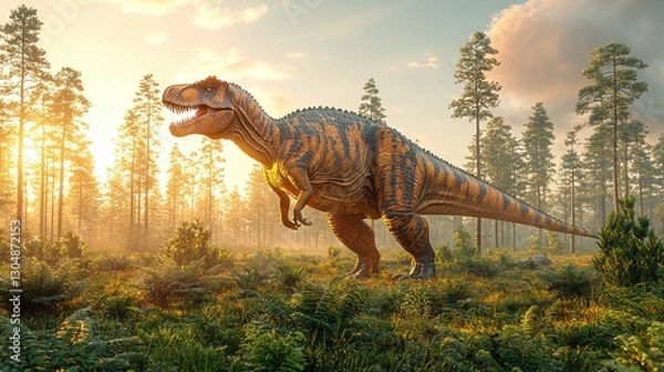 Fototapeta Prehistoric creature in sunrise forest