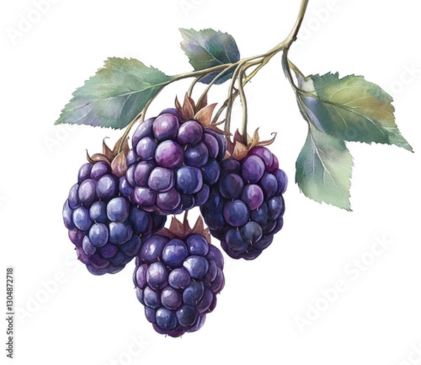 Fototapeta Three purple berries are hanging from a leaf