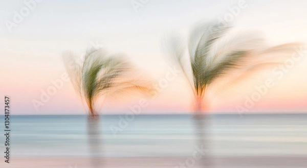 Fototapeta Abstract blurred palm trees against serene beach sunset, motion imitation background with copy space