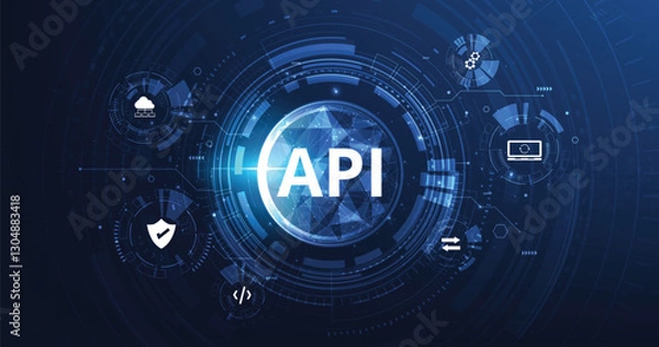 Fototapeta (API) Application Programming Interface. Software development tool, information technology, modern technology, internet and networking concept on dark blue background. 