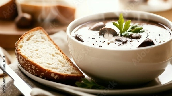 Obraz Creamy mushroom soup served with crusty bread on a cozy kitchen table during a warm afternoon