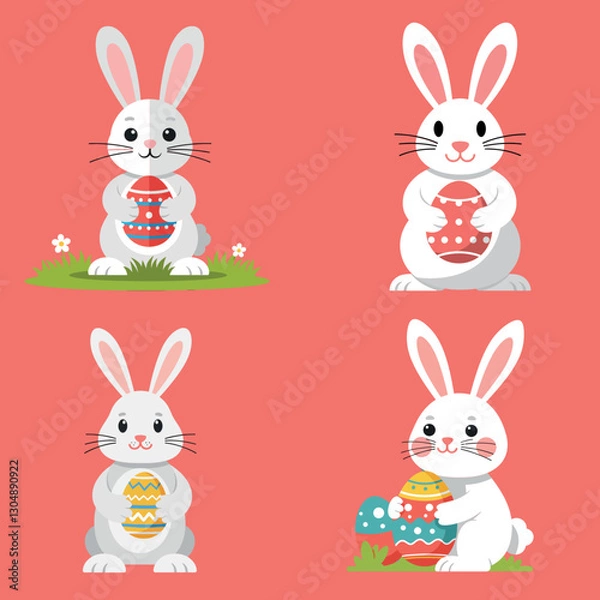 Fototapeta Four adorable bunnies holding colorful Easter eggs in a cheerful flat vector illustration setting with a vibrant background