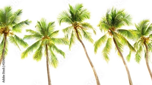 Fototapeta Line of Lush Green Palm Trees Against a Bright White Background Evoking Tropical Vibes