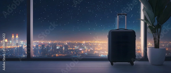 Fototapeta luxury suitcase stands next to penthouse window, overlooking vibrant city skyline at night. starry sky adds touch of elegance to scene