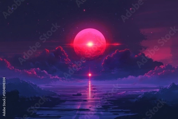 Fototapeta Pink moon rising over a calm ocean at night, a rocket launching into space.