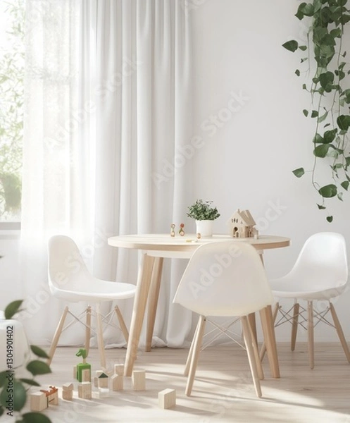 Fototapeta A bright, airy, and minimalist children's playroom with a round wooden table and white chairs. Sunlight streams through sheer white curtains. Small wooden toys and greenery add pops of color and life.