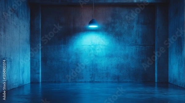 Fototapeta A room with concrete walls and a single blue neon lamp hanging from the ceiling, creating an industrial look
