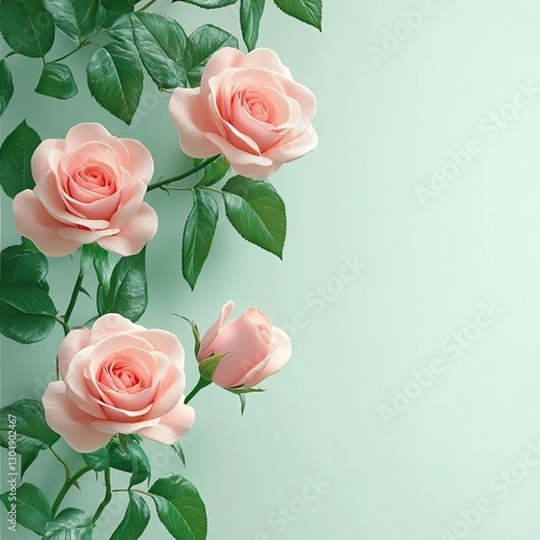 Fototapeta Elegant Rose Blooms in Timeless Beauty Beautiful pink roses on a soft green background.