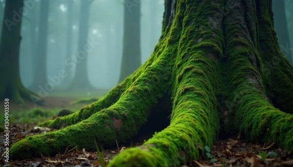 Fototapeta Moss and lichen cling to the trunks of ancient trees in the mist, fog, moss, lichen