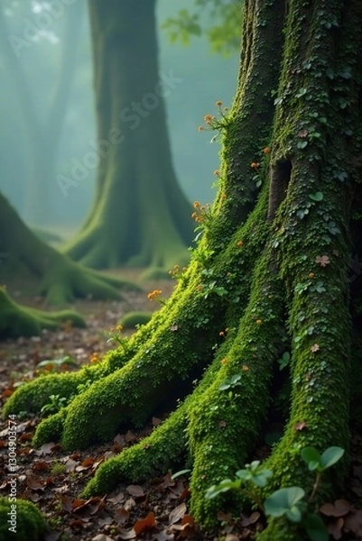 Fototapeta Moss and lichen cling to the trunks of ancient trees in the mist, natural scenery, lichen