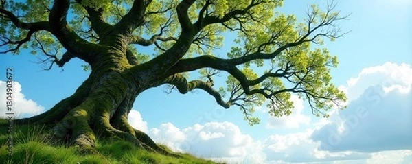 Fototapeta Moss-covered gnarled tree with branches stretching towards sky, branches, sky, woodland