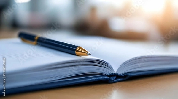 Fototapeta A close-up view of an open notebook with a pen resting on it, symbolizing creativity and productivity in a professional environment.