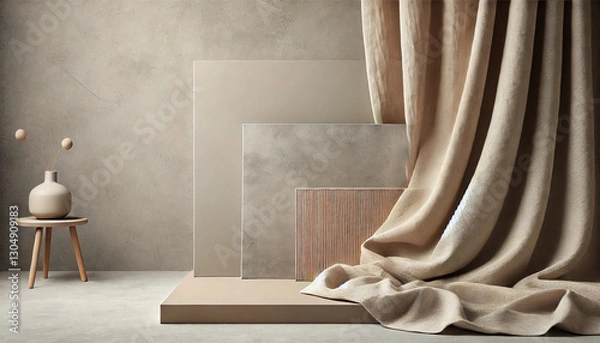 Fototapeta A high-resolution image featuring minimalist textures. The composition includes smooth concrete, soft fabric folds, and subtle wood grain