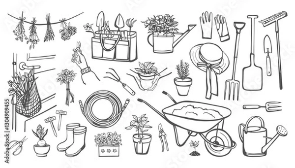 Fototapeta Set gardening items in hand drawn style. Various agricultural and garden tools for spring work. Growing potted plants, seedling