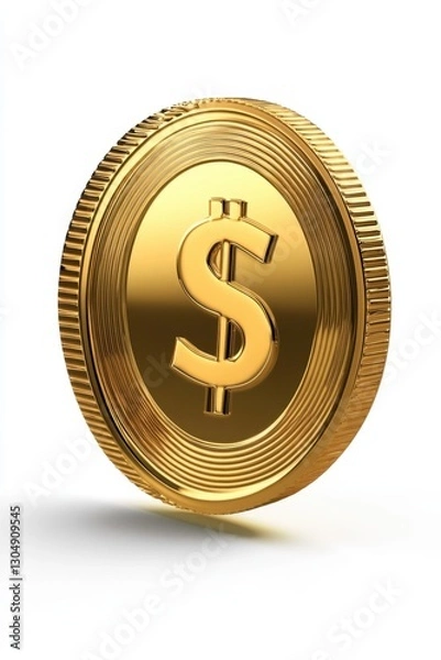 Fototapeta A realistic golden coin with a dollar symbol floats against a white background, casting a soft shadow beneath