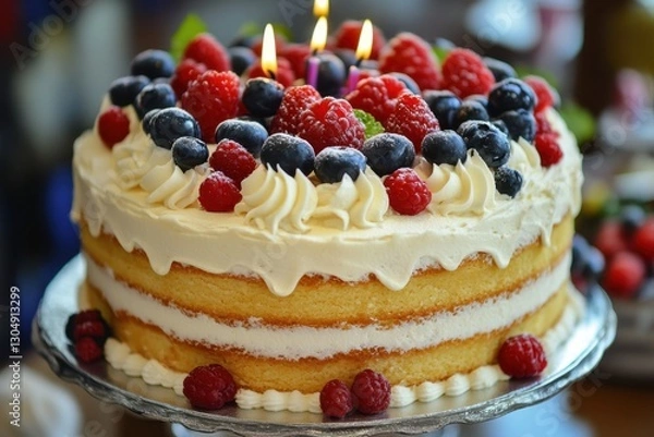 Fototapeta Delicious layered cake adorned with fresh raspberries and blueberries with burning candles on a silver cake stand